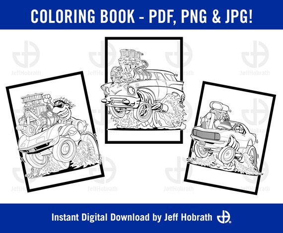 Muscle car toons coloring book pages instant digital download sharp automotive cartoon ic drawings by jeff hobrath pdf png and jpg