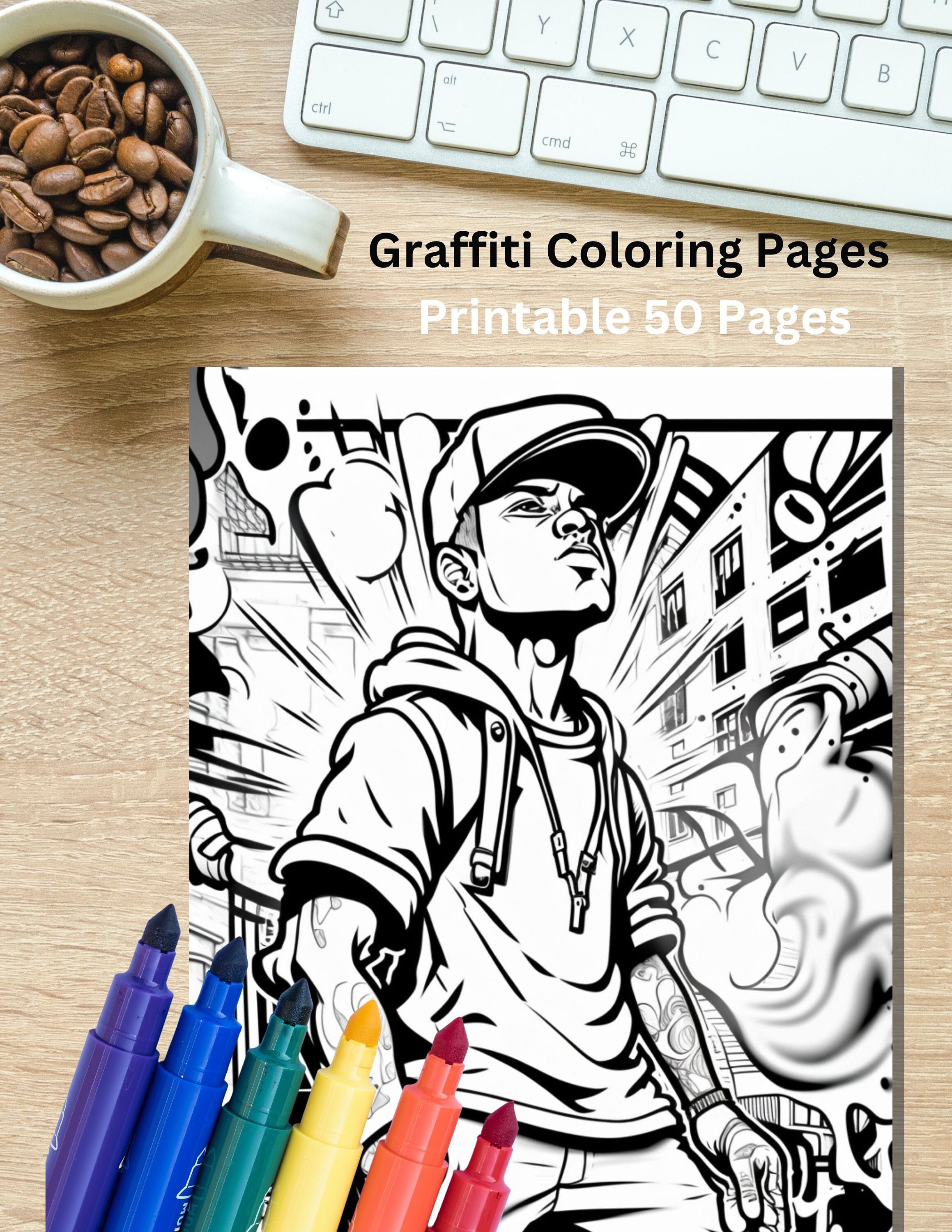 Abstract graffiti printable digital download adult and children coloring pages