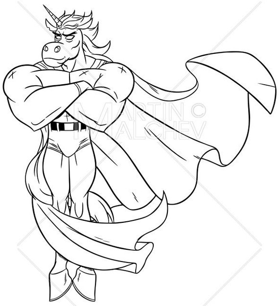 Unicorn superhero line art vector illustration unicorn horse stallion superhero super hero man power coloring book page coloring