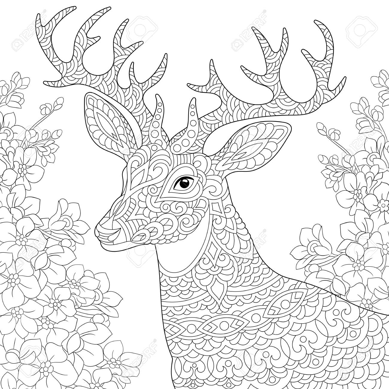 Coloring page coloring book anti stress colouring picture with deer and spring flowers freehand sketch drawing with doodle and elements royalty free svg cliparts vectors and stock illustration image