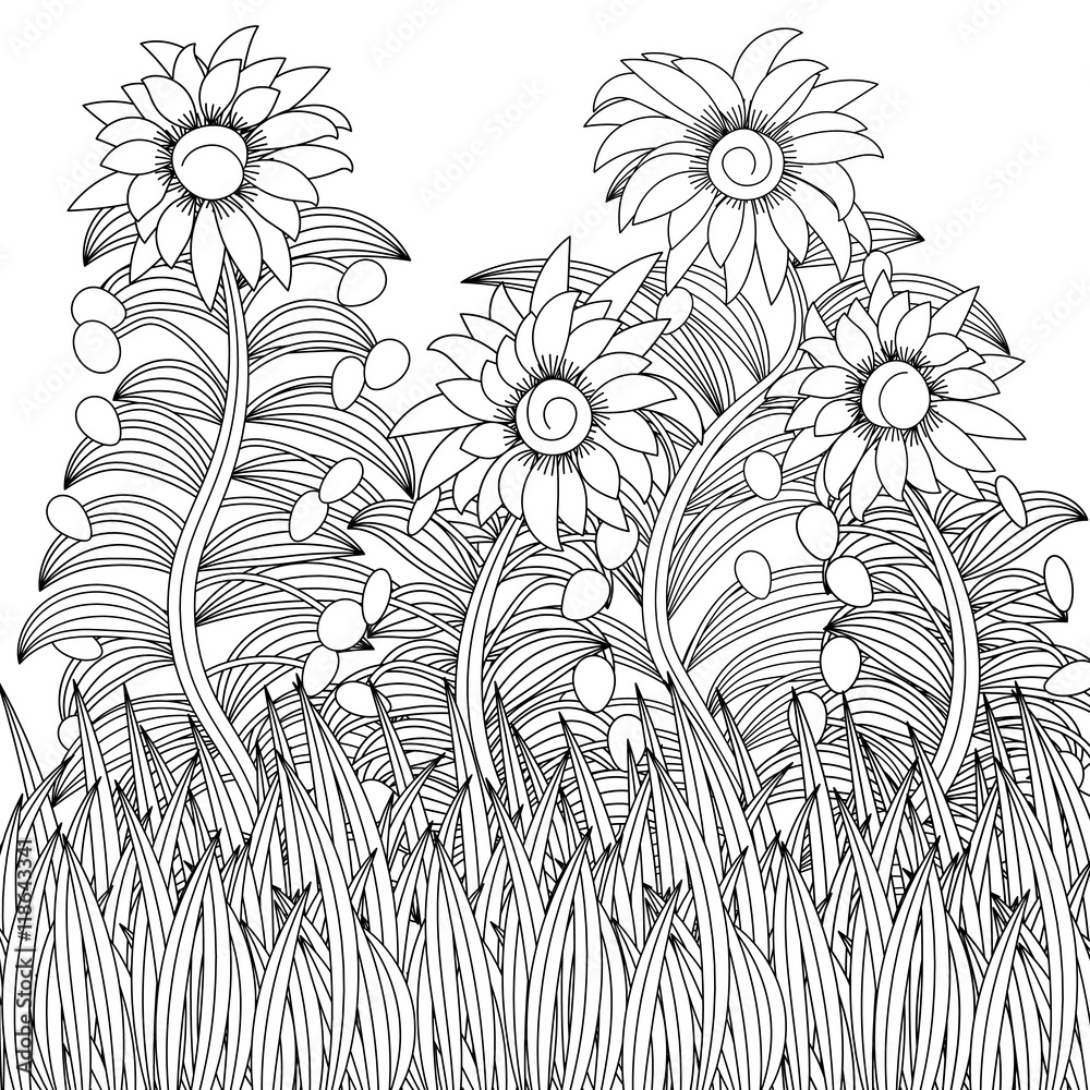 Coloring page for adult anti stress coloring and other decoration zentangle design decorative detailed pattern with artistic flowers and plants black and white illustration vector