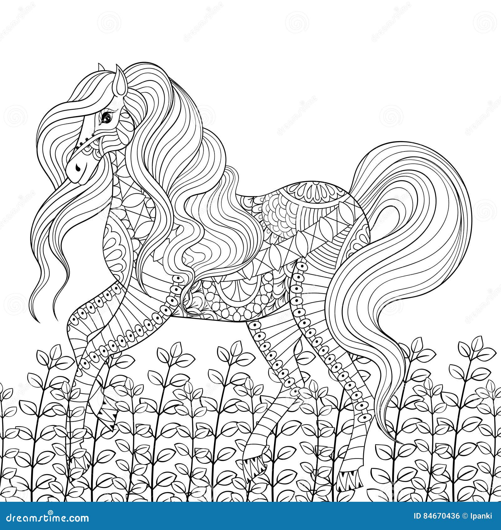 Racing horse adult anti stress coloring page hand drawn zentangle animal for colouring book cover art therapy greeting stock vector