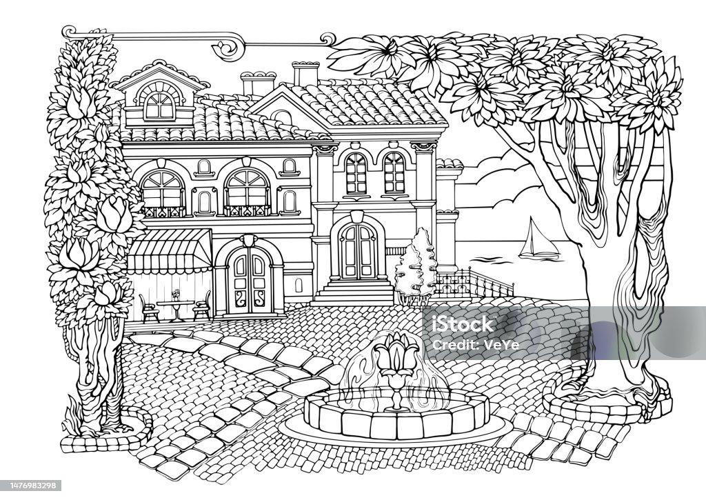 Romantic old town coloring pages antistress colouring book vector stock illustration