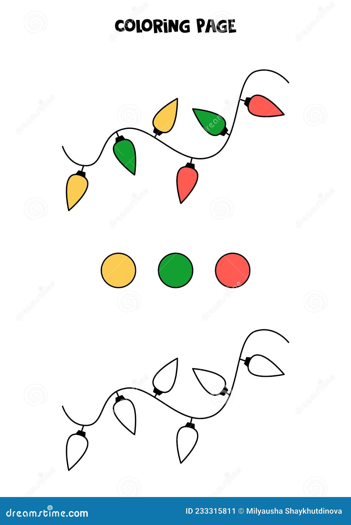 Color cartoon christmas lights worksheet for kids stock vector