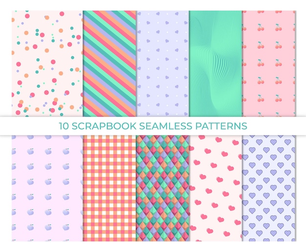 Premium vector scrapbook background seamless pattern vector illustration cute paper for scrap design chic print with heart polka dot stripe fruit trendy modern texture color illustration geometric backdrop