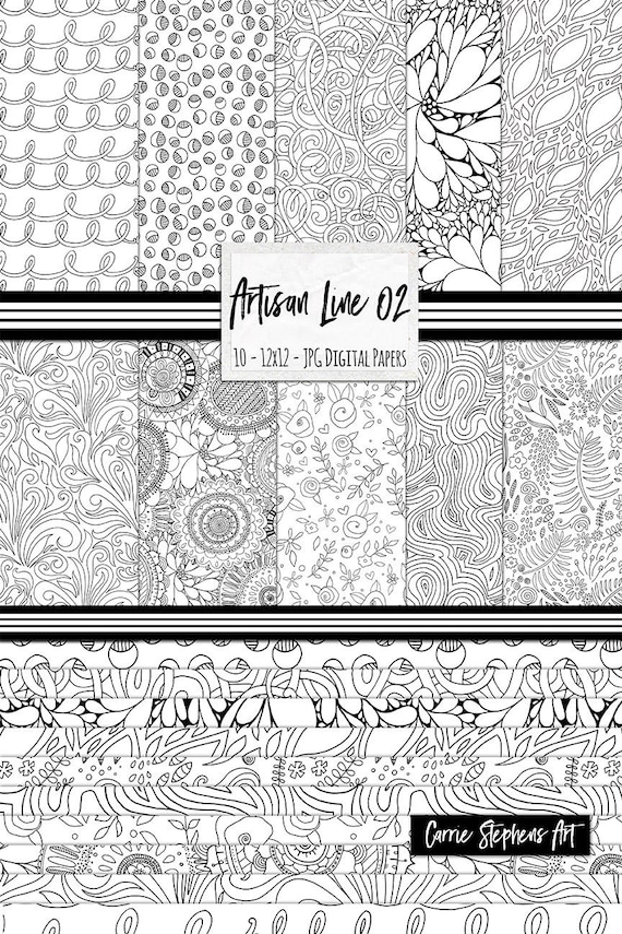 Line art patterns black and white digital paper coloring printable paper pack tropical foliage swirl scrapbook paper download download now