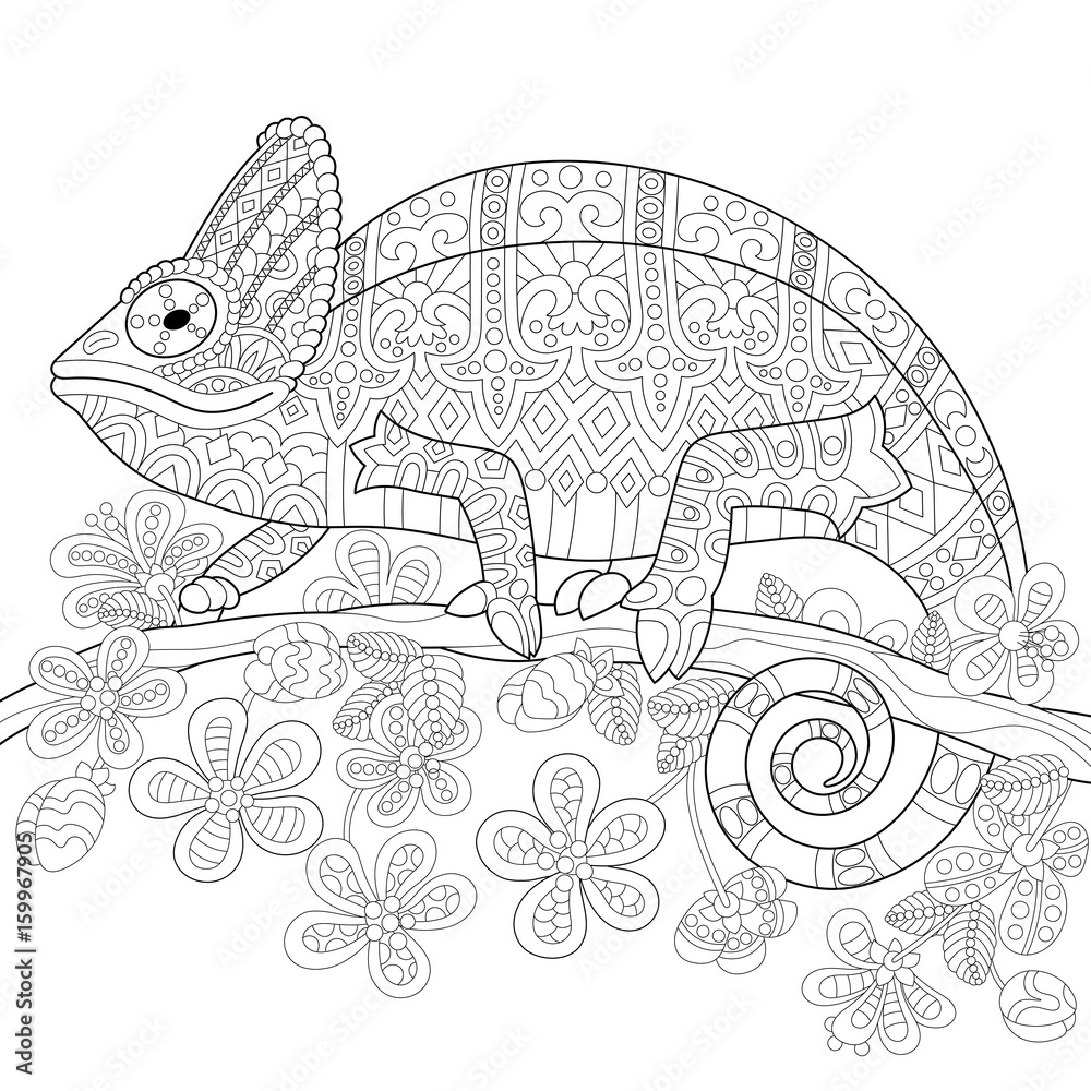 Coloring book page of chameleon lizard and stylized tropical flowers freehand sketch drawing for adult antistress colouring with doodle and zentangle elements vector