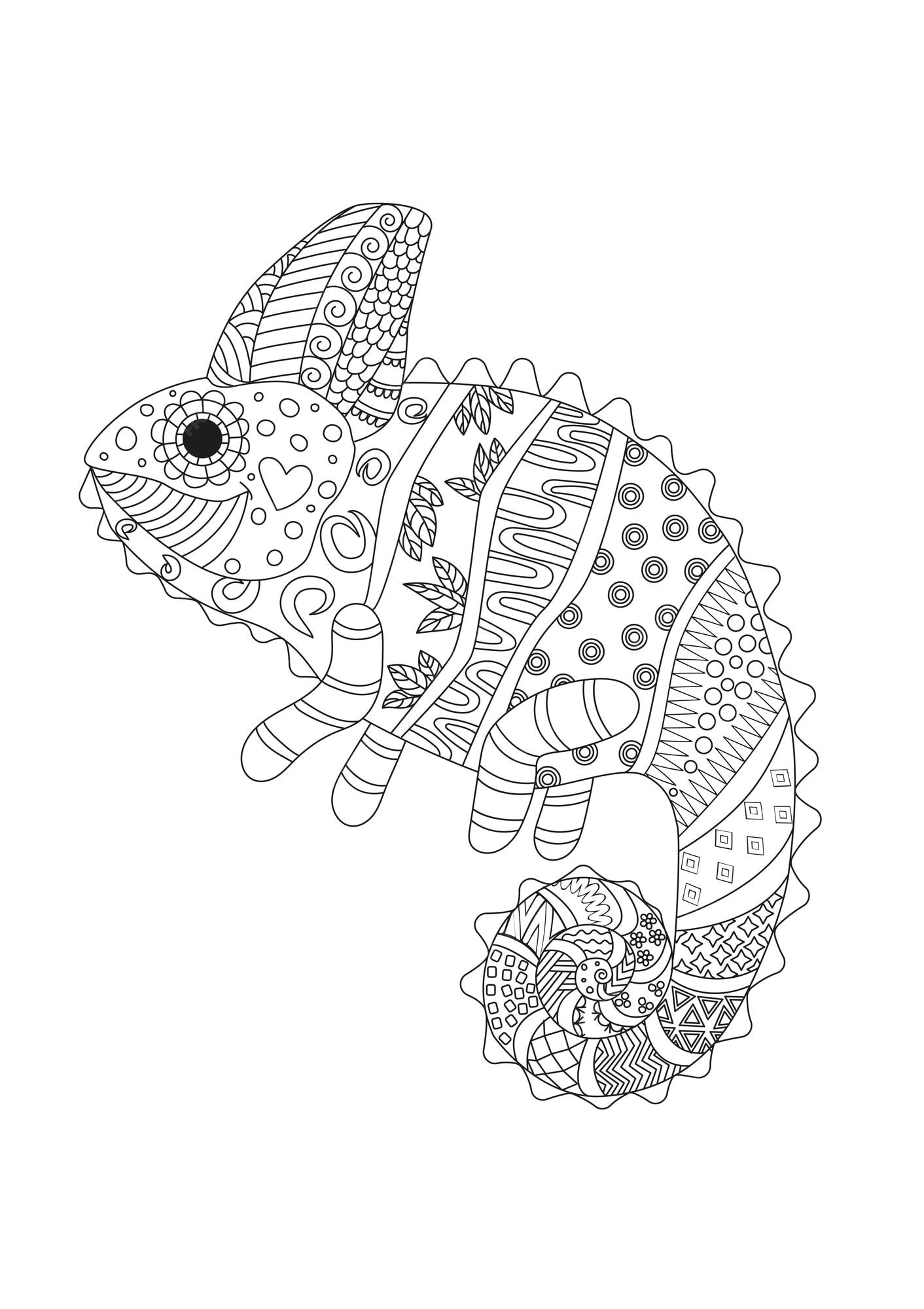 Premium vector coloring page chameleon lizard freehand sketch drawing for adults anti stress coloring with doodle