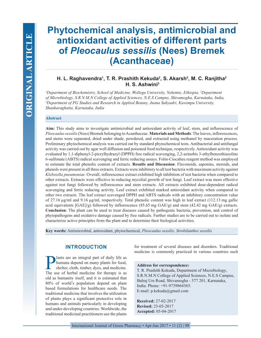 Pdf phytochemical analysis antimicrobial and antioxidant activities of different parts of pleocaulus sessilis nees bremek acanthaceae