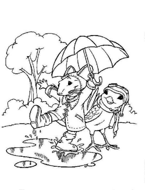 A mouse and a bird run through the puddles coloring page