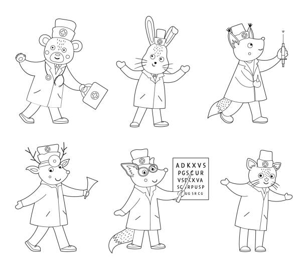 Set of vector outline animal doctors cute funny characters medical coloring page for children hospital scenes isolated on white background stock illustration