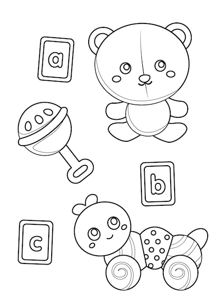 Premium vector baby and their toys coloring pages for kids a page