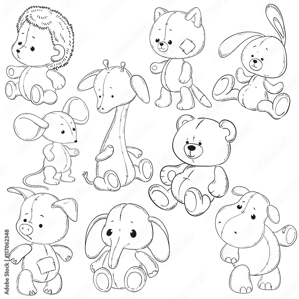 A collection of stuffed animals soft toys coloring books vector