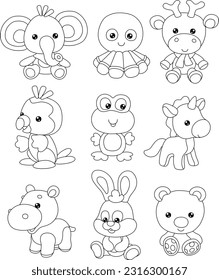 Collection stuffed animals soft toys coloring stock vector royalty free