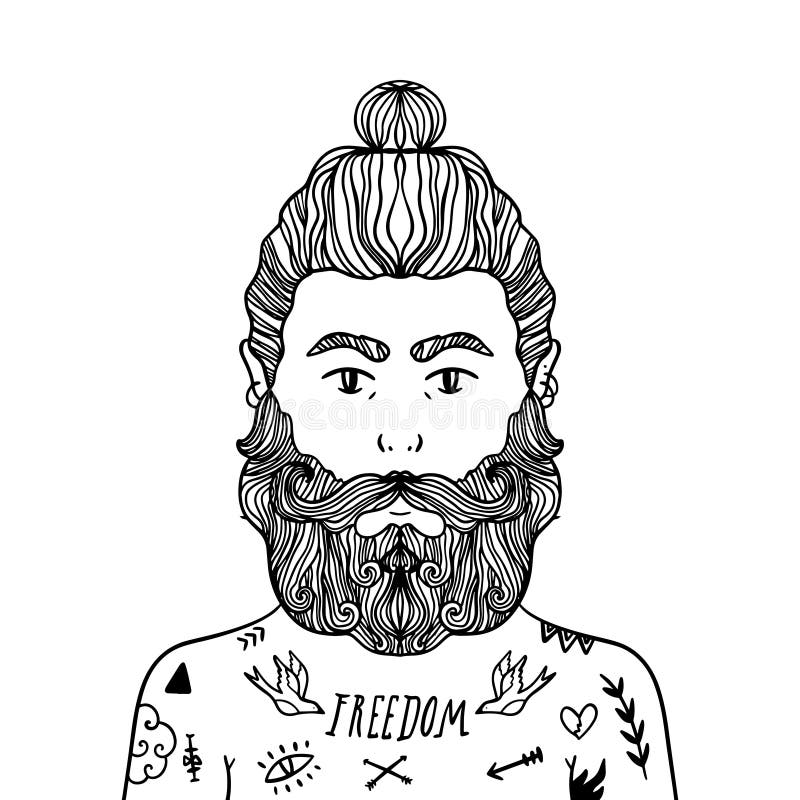 Portrait of handsome stylish casual man hipster with beard sketch doodle style illustration coloring page element stock illustration