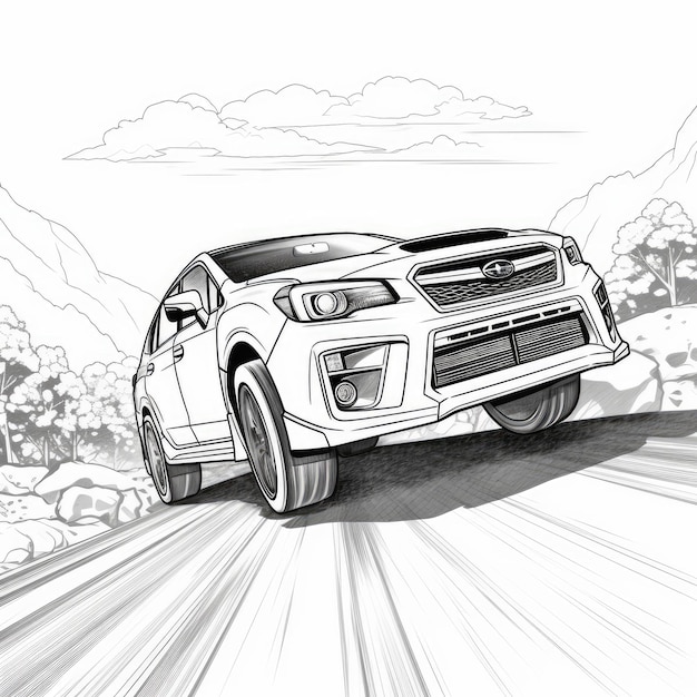 Premium ai image subaru wrx sti dakar jump boldly colorful coloring page for kids with manga and block print style