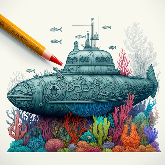 Underwater adventure set of unique submarine coloring pages for adults instant download x print paint