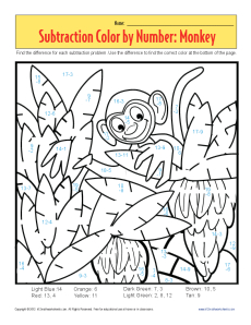 Subtraction color by number monkey kindergarten st grade math worksheets