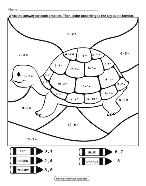 Free subtraction color by number worksheets easy print