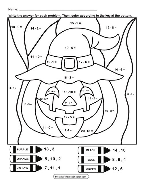 Free subtraction color by number worksheets easy print