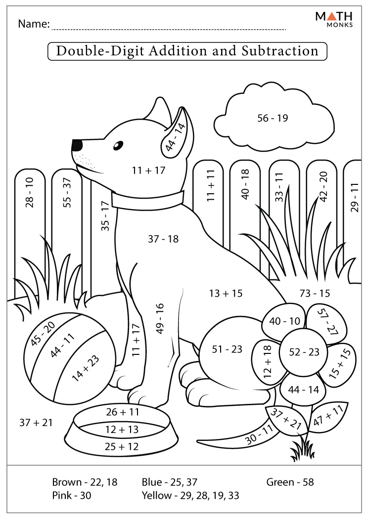 Addition and subtraction coloring worksheets with answer key