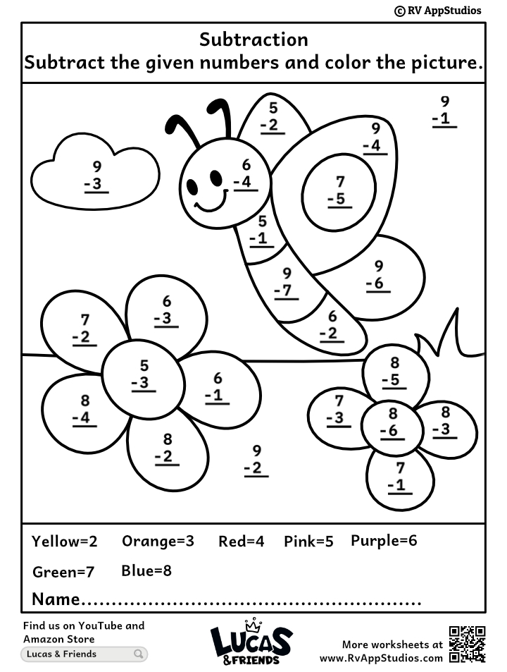 Color by subtraction free printable worksheets for kids