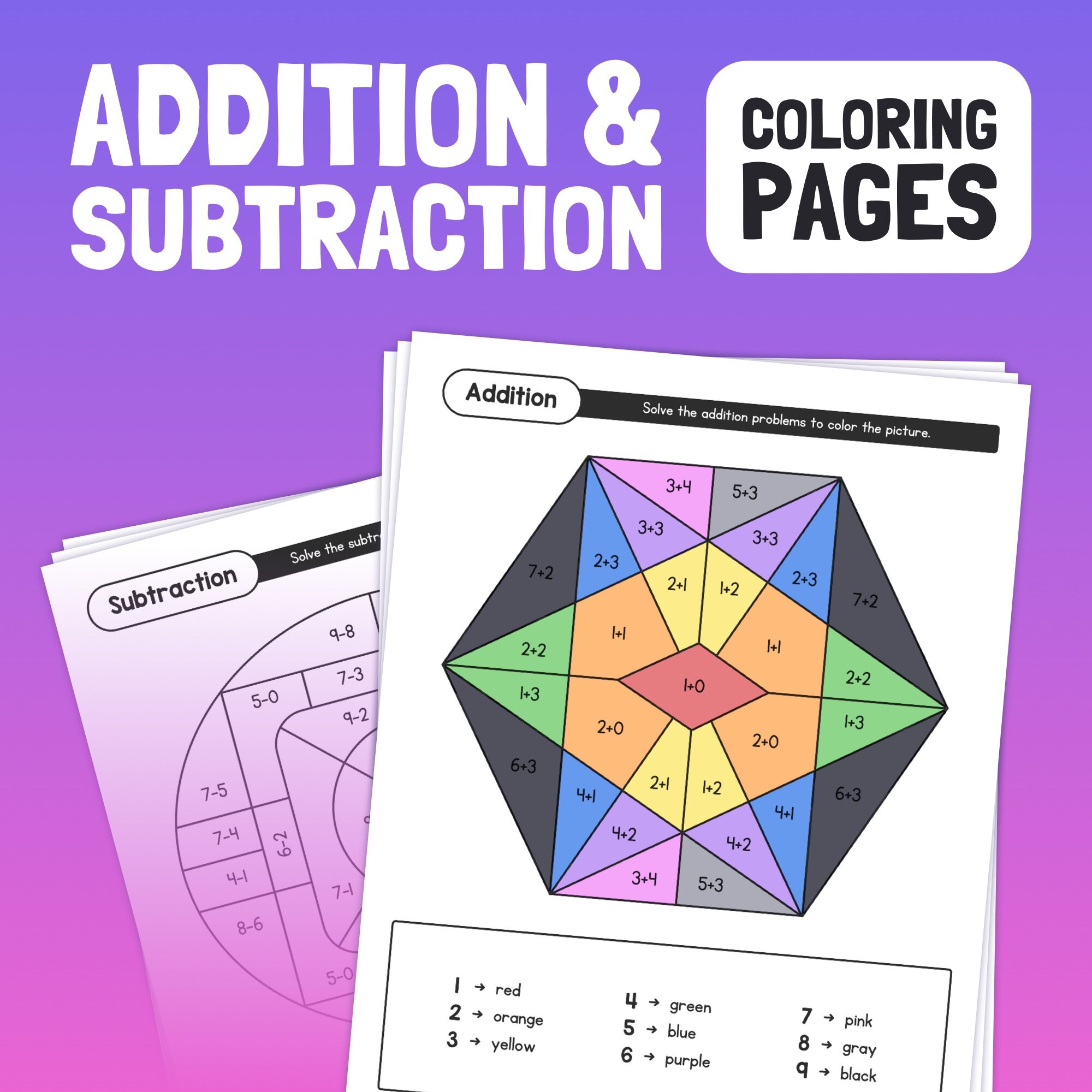 Addition subtraction coloring pages kindergarten and st