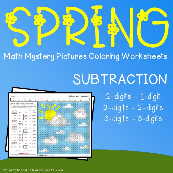 Spring subtraction mystery pictures coloring worksheets