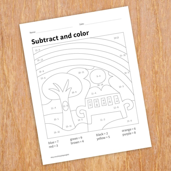 Math coloring sheet subtract and colour kids