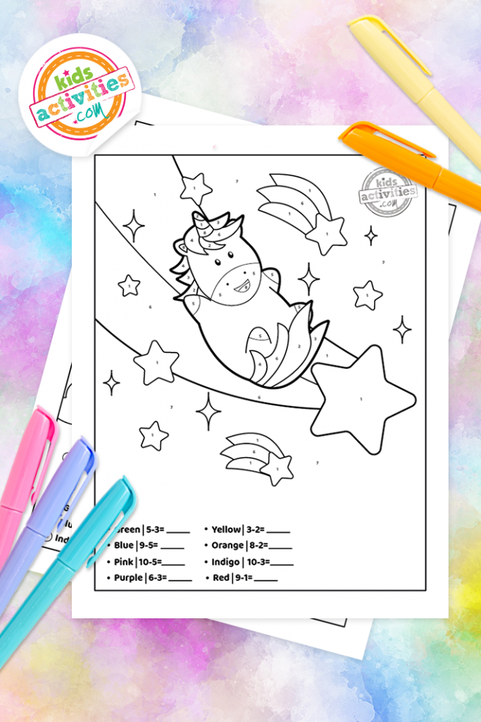 Unicorn subtraction color by number worksheets kids activities blog