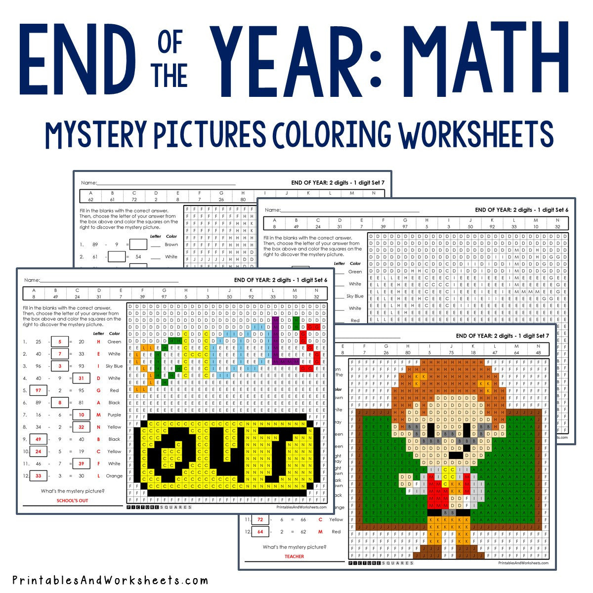 End of the year subtraction coloring worksheets