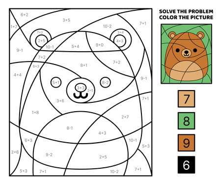 Bear solve the problem color the picture addition subtraction coloring book vector