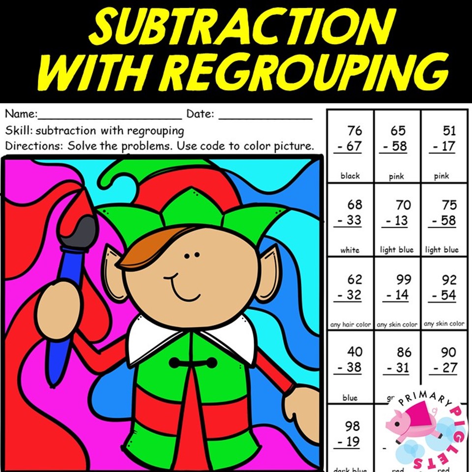 Christmas math coloring pages digit subtraction with regrouping color by number code elf