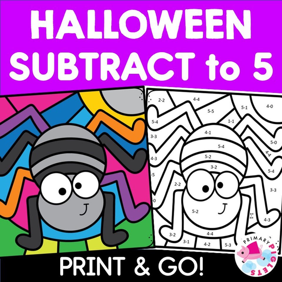 Halloween subtraction to color by number code math coloring pages sheets made by teachers