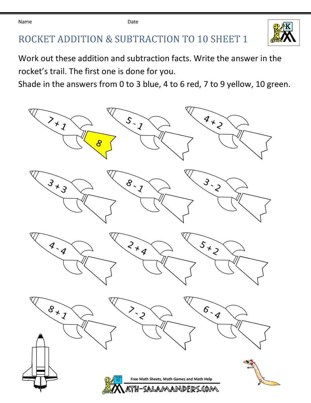 Addition subtraction to coloring sheets for kindergarten