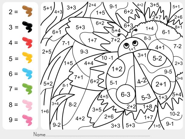 Paint color by numbers addition and subtraction worksheet for education stock illustration