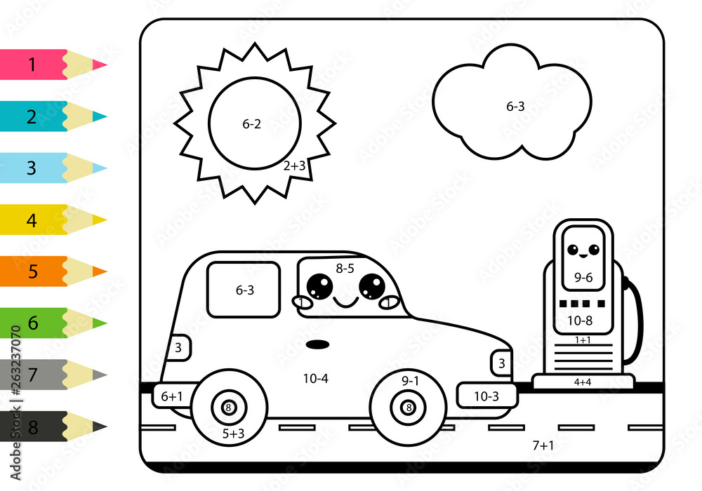 Mathematical coloring page for kids kawaii car and gas station worksheet with addition and subtraction vector