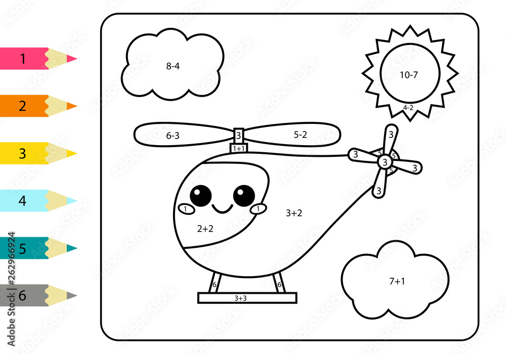 Cartoon kawaii helicopter math coloring page for kids addition and subtraction activity worksheet vector