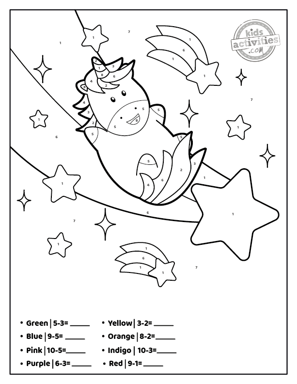 Unicorn subtraction color by number worksheets kids activities blog