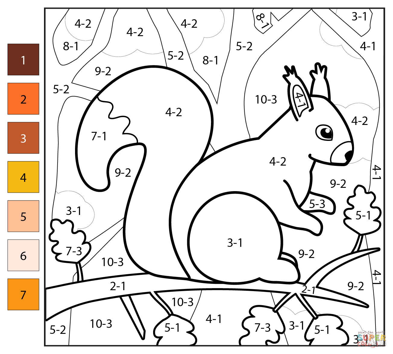 Subtraction color by number squirrel free printable coloring pages