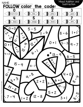 Fall addition and subtraction coloring worksheets