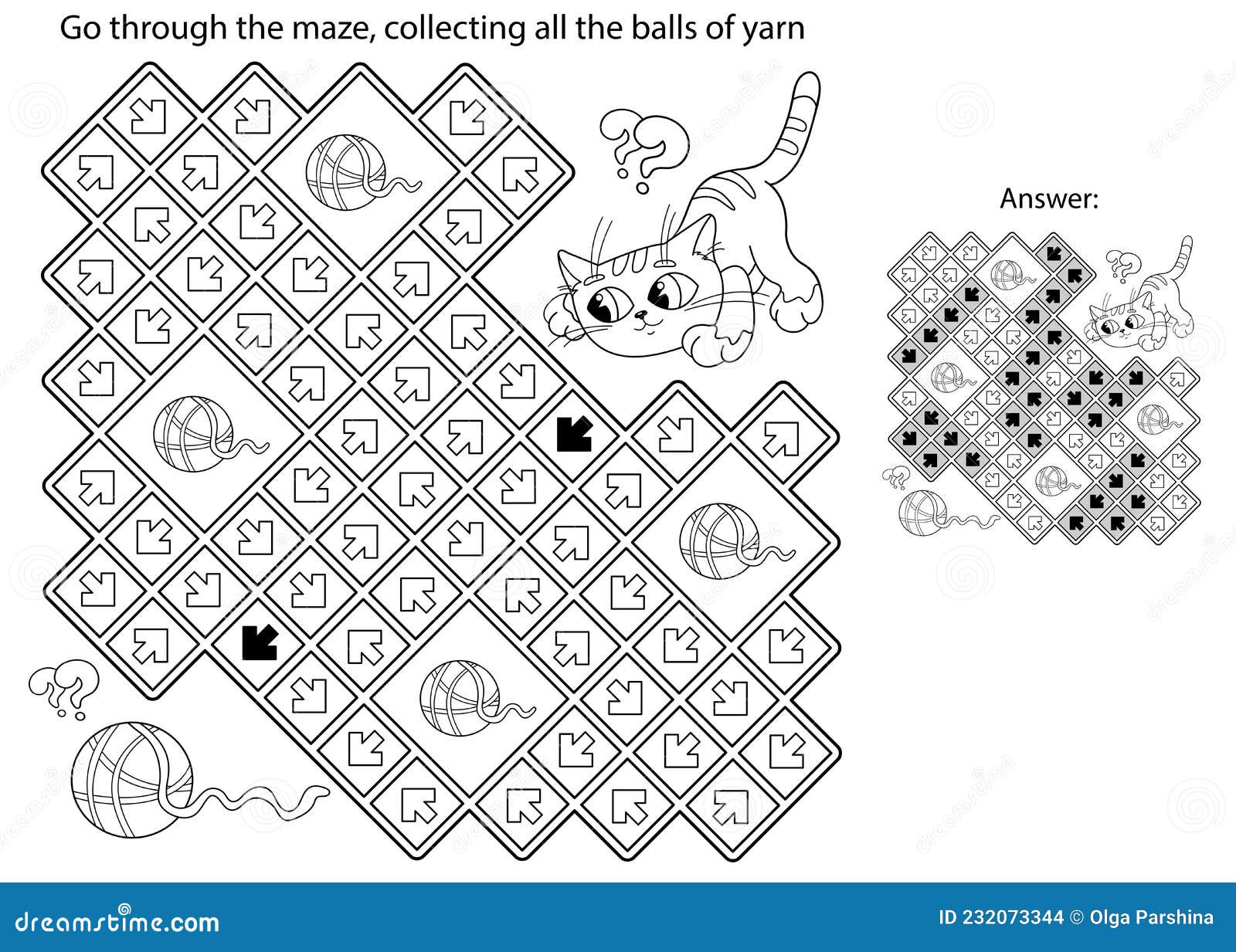 Maze or labyrinth game puzzle coloring page outline of cartoon cat with ball of yarn stock vector