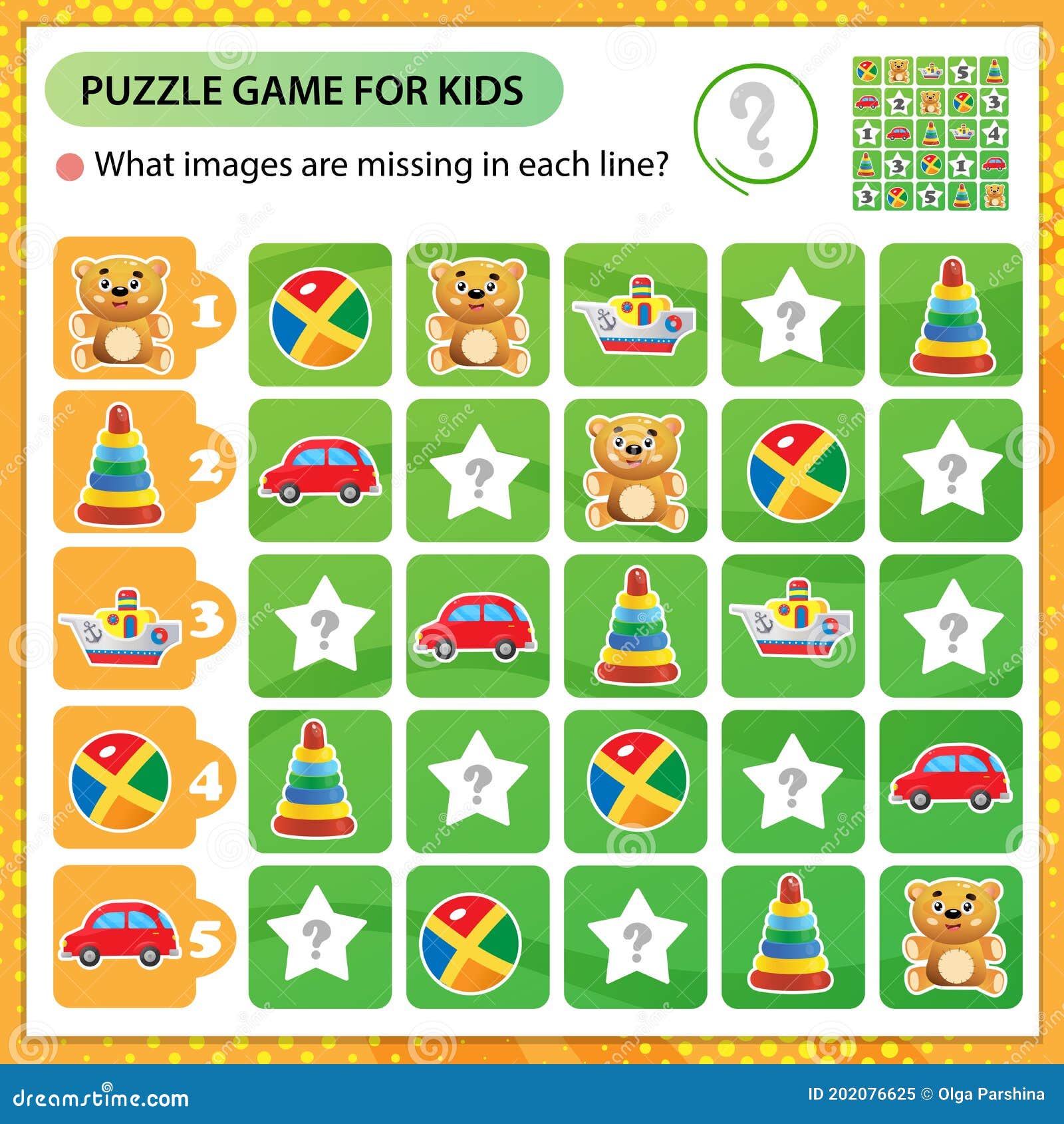 Sudoku puzzle what images are missing in each line toys toy car boat teddy bear ball pyramid logic puzzle for kids stock vector