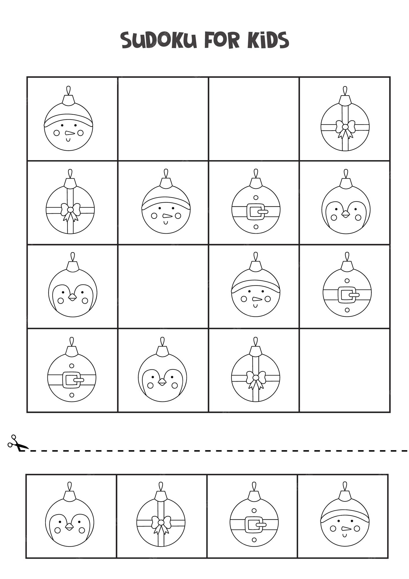 Premium vector black and white sudoku with christmas balls for preschool kids logical game