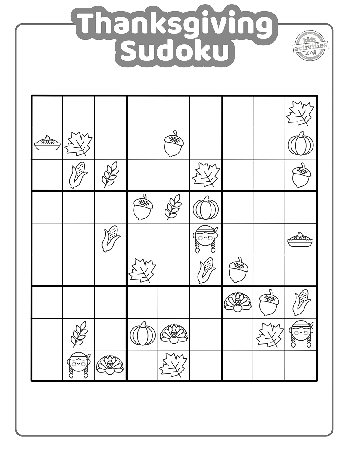 Printable thanksgiving sudoku puzzles for kids kids activities blog