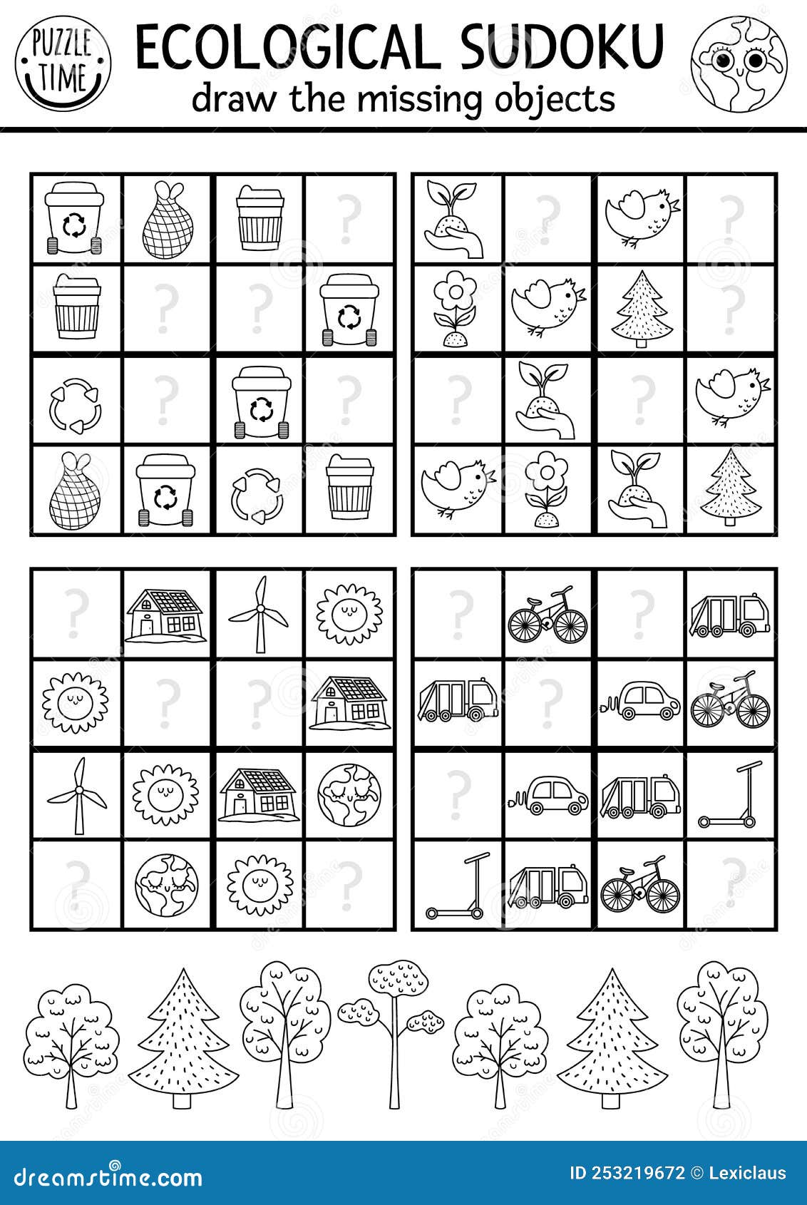 Vector ecological sudoku puzzle for kids with pictures simple black and white earth day quiz or coloring page stock vector