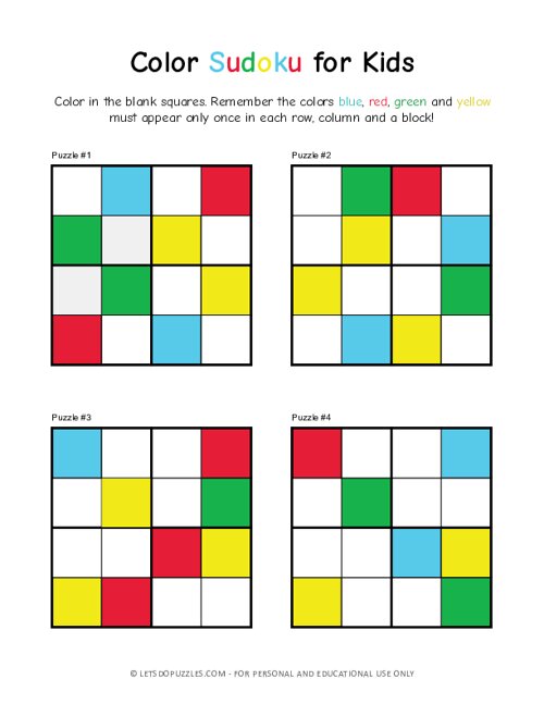 Color sudoku puzzles for kids