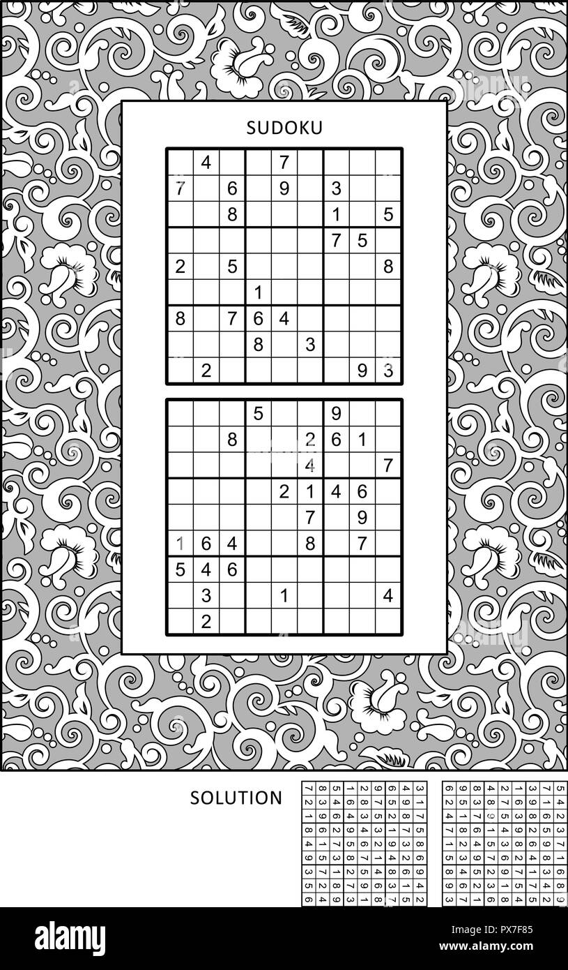 Puzzle and coloring activity page with two sudoku puzzles of fortable level and wide decorative frame to color answer included stock vector image art