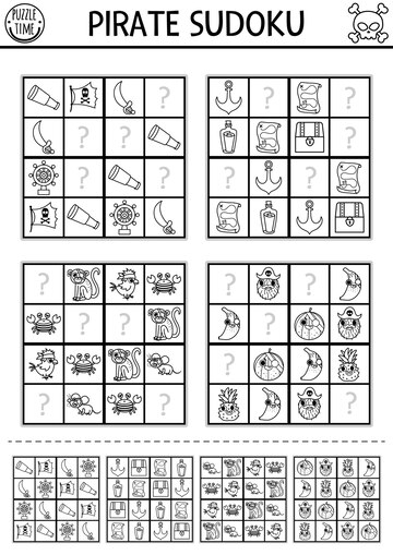 Premium vector black and white vector pirate sudoku puzzle for kids with pictures simple line treasure island quiz with answer education activity or coloring page draw missing objectsxa