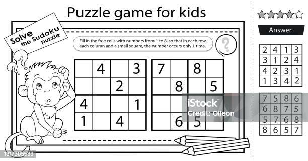 Solve the sudoku puzzle together with the little monkey logic puzzle for kids education game for children coloring page worksheet vector design for schoolers stock illustration